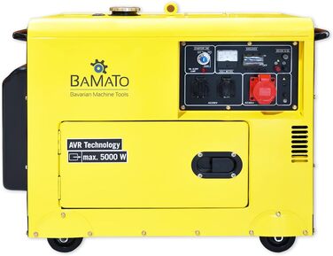 Дизельний генератор BAMATO BGE-5000D Технологія AVR 5000 Вт Електричний стартер 4-тактний дизельний двигун 7,9 к.с. Підключення 400 В, два підключення 230 В та один роз&39єм 12 В постійного струму