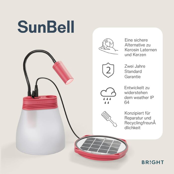 Сонячні ліхтарі BRIGHT SunBell 80 для використання на вулиці - кемпінговий ліхтар, 2200 мАг, перезаряджаються від USB та сонячної батареї, водонепроникні, для використання на вулиці та в надзвичайних ситуаціях