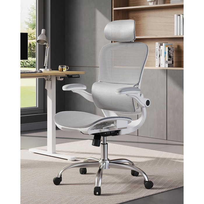 Ергономічне офісне крісло DEVAISE Робоче крісло із сегментованою спинкою, регульованим підголівником та поперековою опорою, 4D-підлокітниками, функцією гойдання, високою спинкою, для офісного використання, до 180 кг, сірий колір