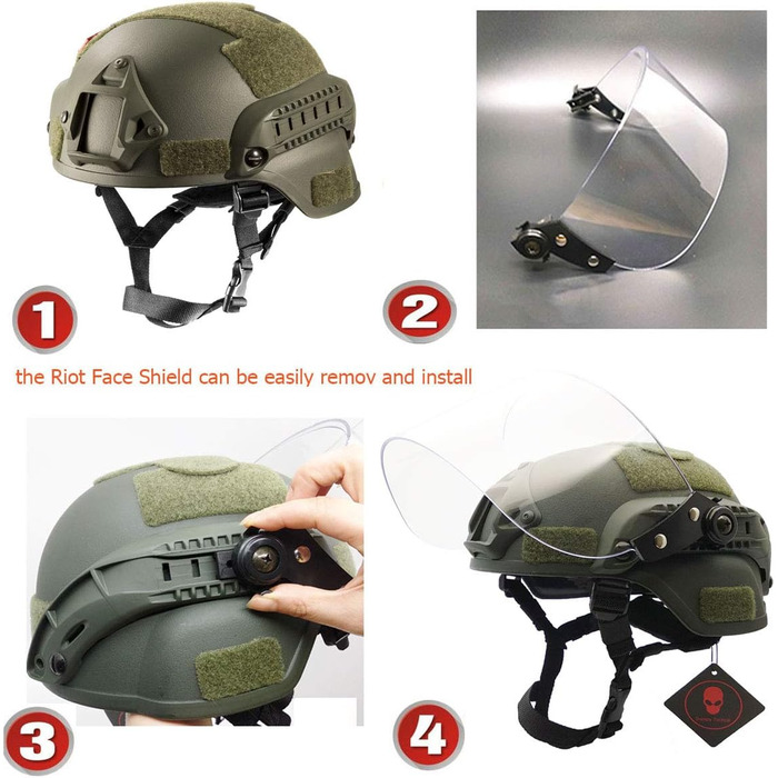 Тактичний шолом для страйкболу MICH 2000, військовий пейнтбол, з прозорим козирком, захисним щитком для обличчя, окулярами та бічною планкою, кріпленням для ПНВ, зеленого кольору