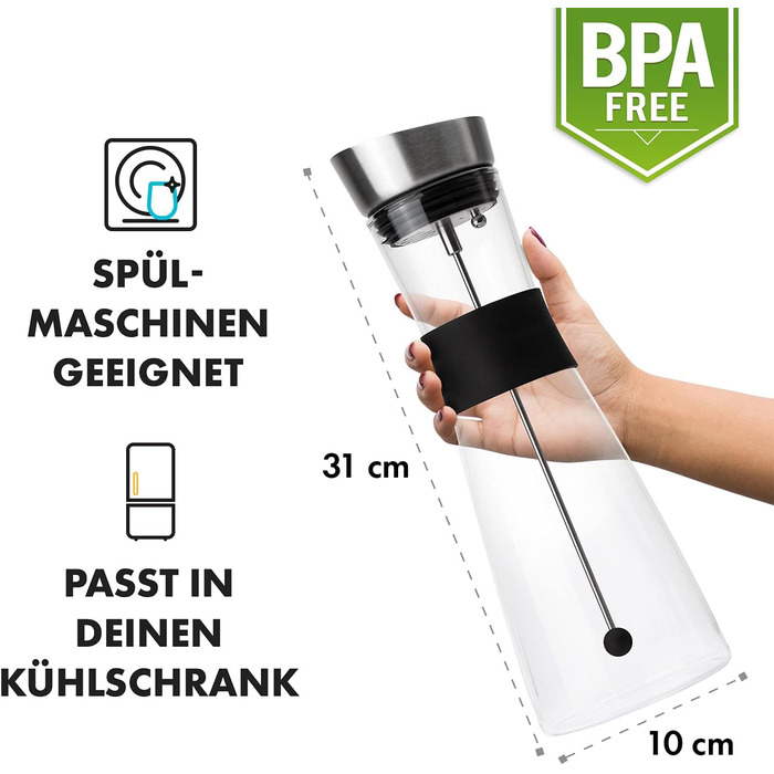Скляний графин з кришкою з нержавіючої сталі (1 літр) - Графин для води з фруктовою вставкою з боросилікатного скла - Графин склян