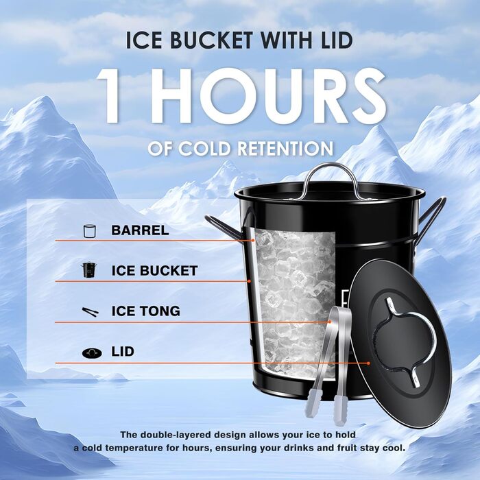Відро для льоду tchrules з кришкою та щипцями для льоду, відро з подвійною ізоляцією з нержавіючої сталі, аксесуар для бару Мімоза