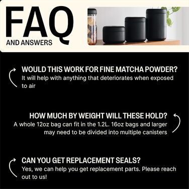 Вакуумний контейнер Fellow для зберігання кави та продуктів, вбудований вакуумний насос, герметичне ущільнення, 1,2 літра, матово-чорний.