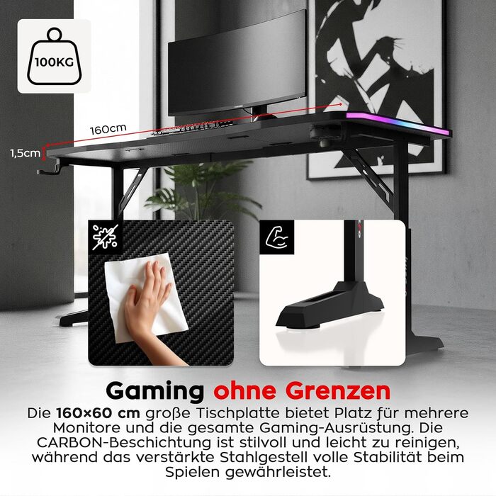 Ігровий стіл huzaro Hero 4.6 RGB - Регульована висота* - Стіл 160x60 см - Поверхня з вуглецевого волокна - Організатор кабелів - Підстаканник та тримач для навушників - ПК-стіл для офісу/домашнього офісу - Чорний RGB