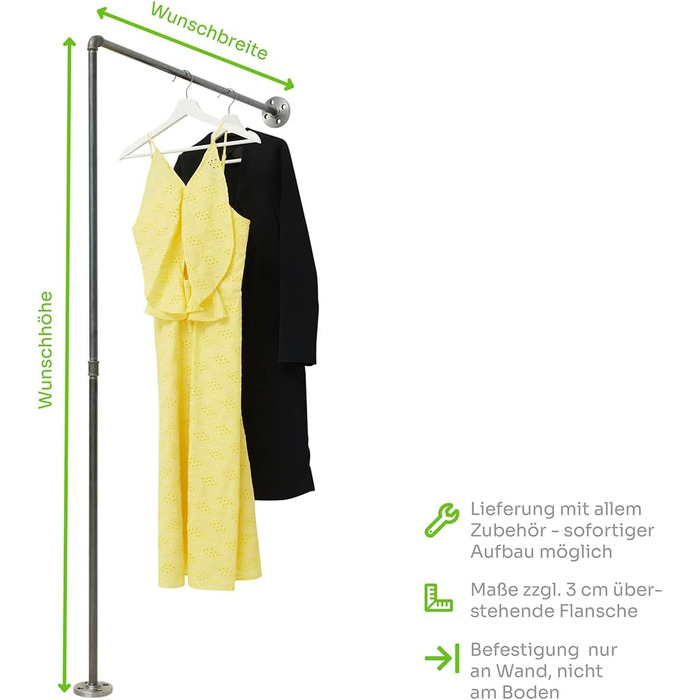 РІЗНІ Вішалка для одягу в індустріальному стилі - різні розміри, наприклад, 60 x 180 см - як настінна вішалка для курток та як вішалка для одягу - L-подібна, чорна, металева, Ш 60 x В 180 см