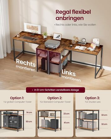 Г-подібний кутовий стіл, комп&39ютерний стіл з місцем для зберігання, офісний стіл, полиця з регульованою висотою, для домашнього офісу, 110 x 80 см, вінтажний коричневий LWD135KD01 Вінтажний коричневий 110 x 80 см Без подовжувача