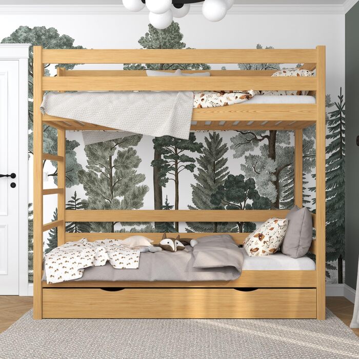 Двох'ярусне ліжко з висувною шухлядою 120x200 см, дитяче ліжко для 2 дітей, 2 сторони збірки драбини ліва або права, закруглені кр