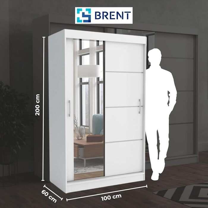 Шафа з дзеркалом шириною 100 см Windsor Tomy I Шафа для спальні з 2 рейками для одягу та полицями для одягу I Шафа Біла Біла - Дзеркало 100 см