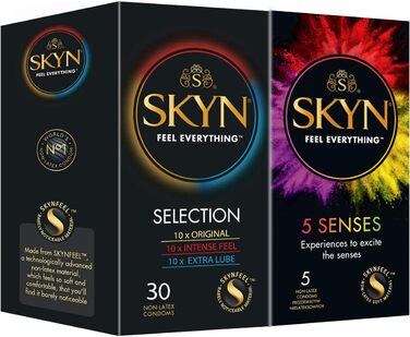 Презервативи SKYN Selection Variety Box Set (30 шт. ) і презервативи 5 Senses (5 шт. ) Різноманітний пакет з 10 оригінальними, 10 презервативами Intense Feel та 10 додатковим мастилом, Emotional Skynfeel