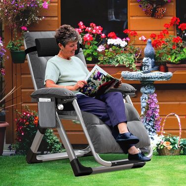 Складаний садовий шезлонг у нульовій гравітації, вантажопідйомність 200 кг з подушкою та бічною кишенею, ідеально підходить для дрімоти, відпочинку, садовий шезлонг, шезлонг на балконі, крісло для патіо (сірий)