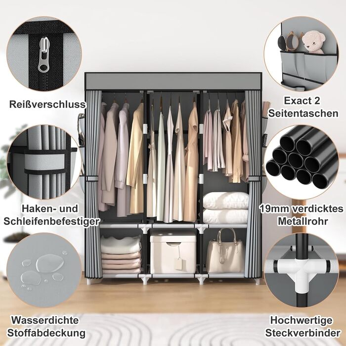 Шафа, тканинна шафа, тканинні шафи з кришкою, складна шафа з 3 рейками для одягу, міцна, складна шафа з металевою трубою діаметром 19 мм для спальні, сіра