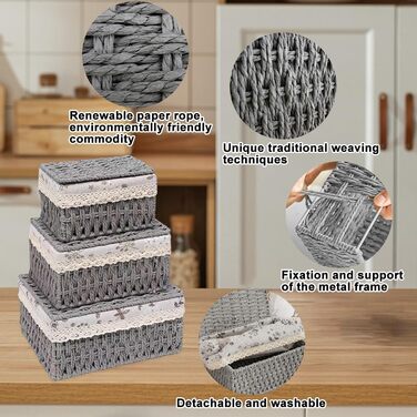 Набір кошиків для зберігання з 3 предметів з кришкою, плетений кошик з підкладкою, ротангова коробка для зберігання у ванній кімнаті, органайзер для ванної кімнати, іграшок, кухні, спальні (сірий)