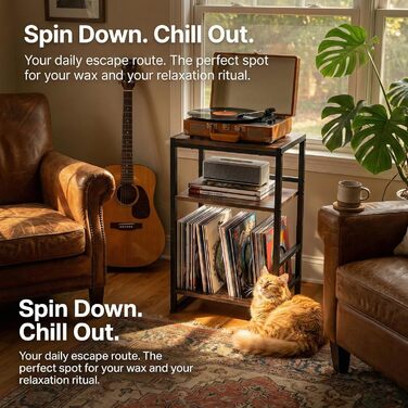 Підставка для програвача платівок, 3-ярусний бічний столик, столик для програвача платівок, до 120 альбомів, столик для вітальні, спальні, вінтажний коричневий (сільський коричневий)