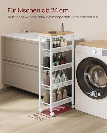 Ярусний візок на колесах, вузький кухонний візок, нішева полиця на колесах, сталь, ручка, для невеликих приміщень, 22 x 45,4 x 99,6 см, кухня, ванна кімната, вітальня, кабінет, дубово-білий LRC035W09 5 ярусів (22 x 45,4 x 99,6 см) дуб білий, 5-