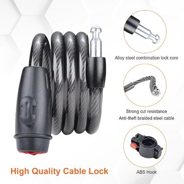 Замок велосипедний GRIFEMA з 2 ключами 120см/12мм, дитячий велосипедний замок, високий рівень безпеки, протиугінний трос для велосипеда з тримачем, аксесуари для велосипеда, чорний замок зі ключами