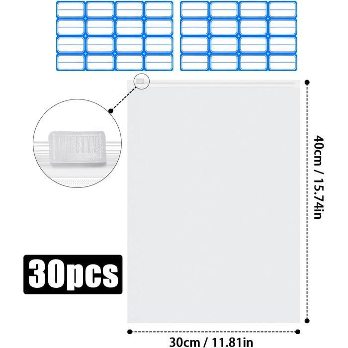 Мішок на блискавці великий багаторазовий 30 шт. 40x30см Мішок на блискавці Дорожня сумка Водонепроникний матовий Мішок на блискавці Сумка Пластиковий мішок Сумка для зберігання одягу Білизна Рушник Взуття Косметика 30x40см 30 шт.