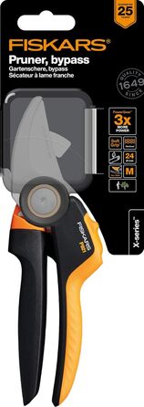 Садові ножиці Fiskars Bypass M, X-серія PowerGear, P921, З ручкою, що обертається, Для свіжих гілок та сучків, Антипригарне покриття, Леза з нержавіючої сталі, Довжина 20,1 см, Чорний/Помаранчевий, 1057173 X-серія P921