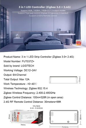 Контролер світлодіодної стрічки LGIDTECH FUT037Z Miboxer 3-в-1 Zigbee 3.0 2.4G, працює зі світлодіодною стрічкою RGB & RGBW & RGB CCT, сумісний з Philips Hue, Storeo Echo Plus (2-го покоління)