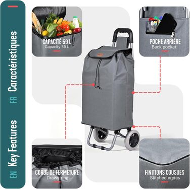 Складний візок для покупок 59л, 2-в-1 візок-сумка на 2 колесах, Знімна сумка, Кишеня на блискавці, Гачок для подолання сходинок, Сірий