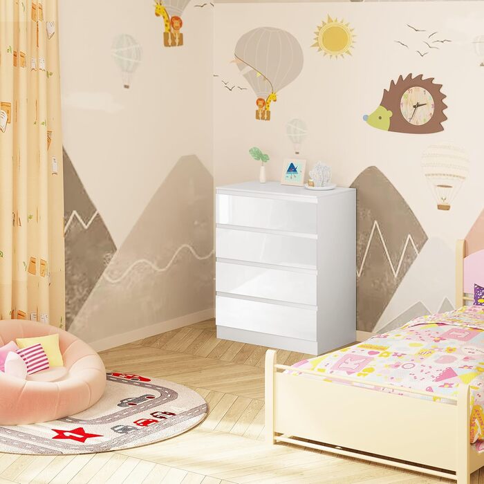 Пеленальний столик WOLTU зі знімною стільницею для пеленання, дитячий пеленальний столик, полиця для пеленання, комод з 4 шухлядами, висота 110 см, білий глянцевий білий глянцевий білий