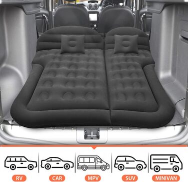 Надувний матрац для автомобіля, позашляховик, надувний матрац з насосом, MPV, надувний матрац, кемпінг, автомобільна подушка, товстіший надувний матрац для заднього сидіння з двома подушками для кемпінгу, подорожей, двору, пляжу, чорного кольору