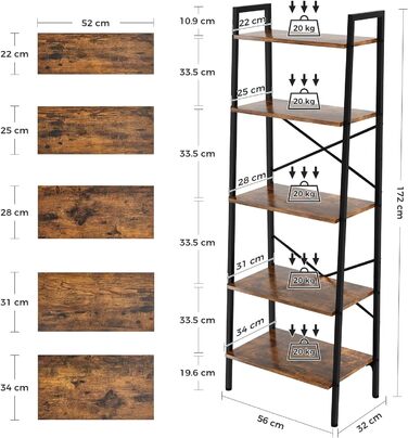 Дубова та чайна полиця, 5-ярусна книжкова шафа, окремостояча полиця, полиця-драбина, 172 см, відкриті вузькі полиці, сталевий каркас, промисловий дизайн, для офісу, кабінету, вітальні, спальні, вінтажний коричнево-чорний рустикальний коричневий