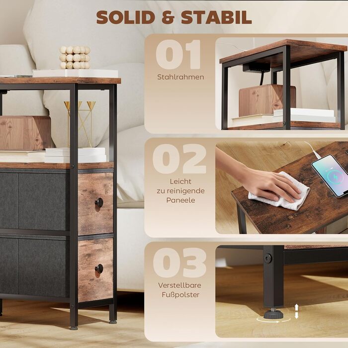 Журнальний столик HOMCOM, приставний столик із зарядною станцією, сталевий каркас, вузький столик для вітальні з 2 тканинними шухлядами, відкритим відділенням, розеткою, портами USB та USB-C, журнальний столик для вітальні, рустикальний коричневий