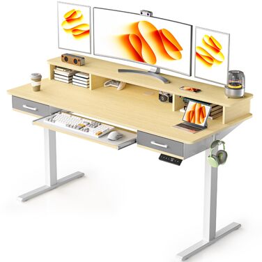 Електричний стіл з регульованою висотою та підставкою для клавіатури, 140x60 см, з 2 шухлядами, комп&39ютерний стіл з підставкою для монітора для домашнього офісу, дуб, 140 x 60 см з підставкою для клавіатури