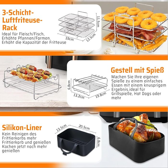 Набір аксесуарів для фритюрниці з 9 предметів для Ninja Foodi Dual AF300EU, AF400EU, Princess 182068, включаючи силіконову вставку для фритюрниці та решітки для фритюрниці тощо, аксесуари для фритюрниці з подвійними кошиками 7.6 л-9.5 л тип A