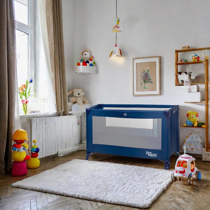 Складане дитяче ліжечко-переноска PR-803 з сумкою та боковим входом, підходить для немовлят та малюків, 2 колеса, 125x65x74 см (синє)