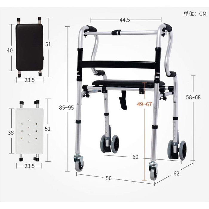 Інвалідний візок, допоміжний засіб для ходьби з товстого алюмінієвого сплаву з колесами, рама для ходьби для людей похилого віку/каската, заднє колесо можна гальмувати, регулюється по висоті, літні люди
