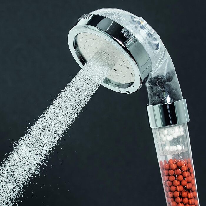Лійка для душу EASYmaxx Wellness з мінеральними кульками та 3 режимами струменя води Зберігає 30 води за рахунок збільшення напору води приблизно на 50. 344 мікронасадки, функція природного фільтра для води, для всіх зєднань 1/2 дюйма