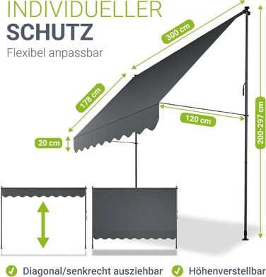 Тент Juskys із затискачем, Кейптаун, 300x120 см - Регульована висота та стійка до ультрафіолету - Для балконів та терас - Всепогодний ширмовий екран для забезпечення конфіденційності - Чохол для тераси, сірий, 300 x 120 см
