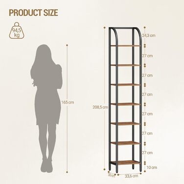 Полиця Hzuaneri, книжкова шафа, 7-ярусна полиця, полиця для DVD, вузькі полиці, офісна полиця в індустріальному стилі, металевий каркас для вітальні, спальні, кухні, вінтажний коричнево-чорний BC57001B 30 x 33,6 x 208,5 см, вінтажний коричнево-чорний