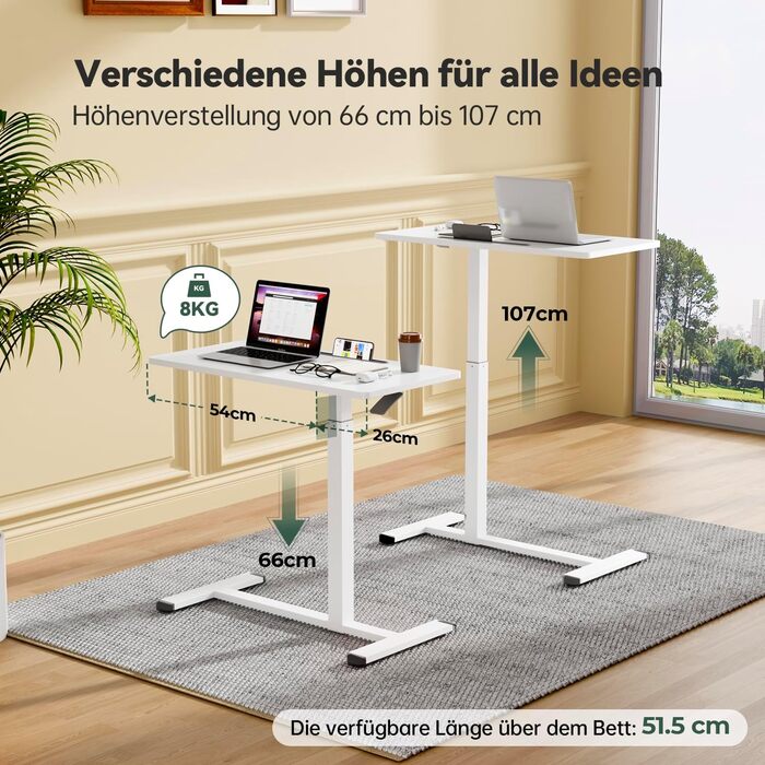 Мобільний стіл з регульованою висотою, стіл для ноутбука з 4 колесами (80 x 40 см), невеликий стоячий стіл/комп&39ютерний стіл, С-подібний бічний столик/кавовий столик для домашнього офісу, білий 80 x 40 см