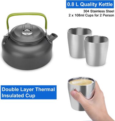 Набір посуду Odoland для 1-2 осіб, кухонний набір з портативною алюмінієвою каструлею, чайником, чашками, складними столовими приборами, для кемпінгу, пікніків на свіжому повітрі, походів, набір посуду для кемпінгу з 10 предметів