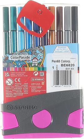 Фломастер преміум-класу - STABILO Pen 68 ColorParade - 20 серветок в - з 20 різними кольорами (антрацитовий/рожевий з підвісним язичком)