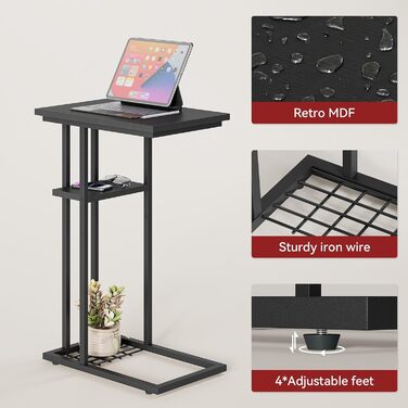 Журнальний столик YMYNY C-подібної форми, елегантний маленький диван-столик, промисловий дизайн, диван-столик 40 x 26 x 61,5 см, стіл для вітальні, спальня, вітальня, чорний HST004B, комплект з 1 предмета, чорний