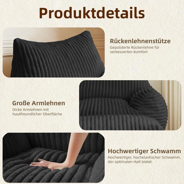 Великі крісла-мішки Generisch для дорослих, крісло для читання з пуфом, чорне крісло-мішок, зручне акцентне крісло, підходить для читання, ігор, комфортний плюшевий диван Cloud Lounge