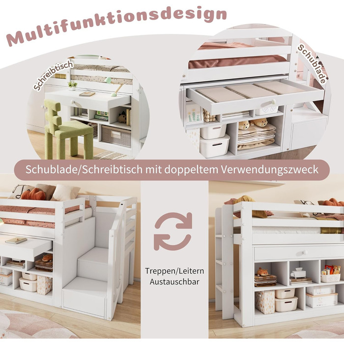 Двоярусне ліжко, дитяче ліжко 90x200 см, односпальне дерев&39яне ліжко зі сходами, шухлядами та місцем для зберігання речей, ліжко-горище з письмовим столом та поручнями, ліжко з рейковою основою, без матраца, біле.