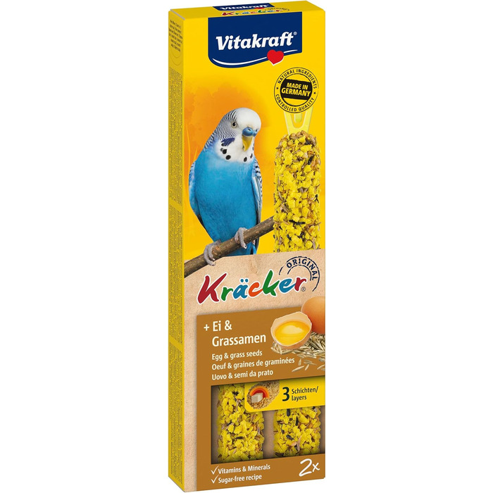 Крекери Vitakraft з яйцем та насінням трави, палички-ласощі для папуг та екзотичних птахів, розмір для зберігання, без доданого цукру (10 x 54 г)