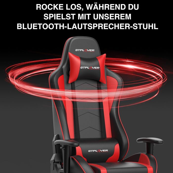 Ігрове крісло з підставкою для ніг, динаміками та Bluetooth для музики. Ергономічне офісне крісло для комп'ютера, чорно-червоне, 84 x 65 x 29 см (Д x Ш x В)