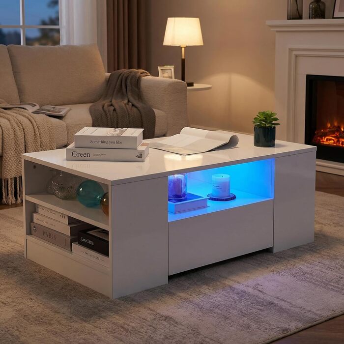 Журнальний столик зі світлодіодним підсвічуванням, сучасний диванний столик, стіл для вітальні з 2 шухлядами, 100x55x37 см, білий