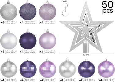 Набір різдвяних кульок 50 предметів фіолетові та срібні BRUBAKER