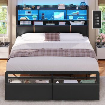 Ліжко 140x200 см, м&39яке ліжко зі світлодіодним підсвічуванням, металевий каркас ліжка, каркас ліжка з 2 шухлядами, узголів&39я з полицею та місцем для зберігання речей, розетка, двоспальне ліжко з рейковою основою, для спальні, PU чорного кольору