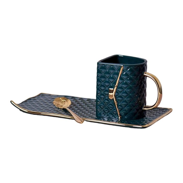 Кавова кружка у формі сумочки, керамічна кружка для пиття з ложкою для чаю, молока, кави для домашнього офісу та готелю, темно-зелена