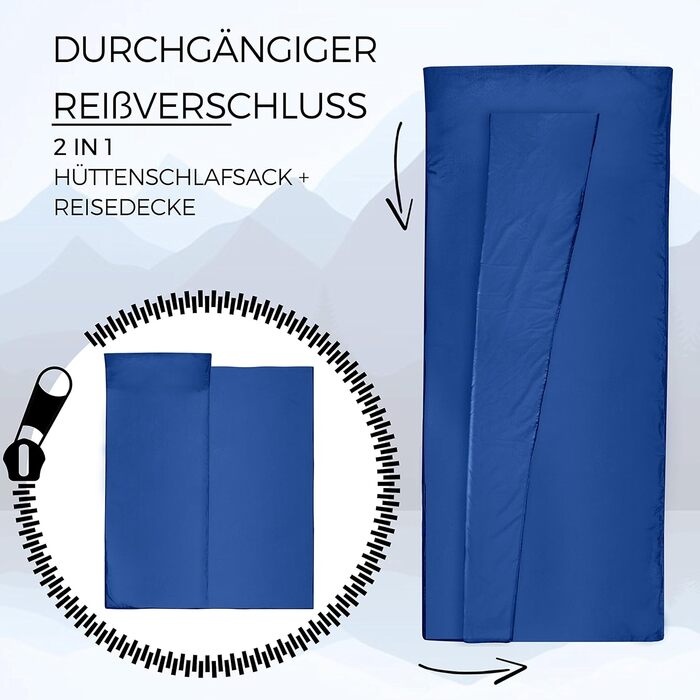 Ультралегкий спальний мішок 2-в-1 із блискавкою (лівий або правий) тонкий, зручний дорожній спальний мішок та дорожня ковдра XL в одному - літній спальний мішок, внутрішній спальний мішок темно-синього кольору - блискавка праворуч