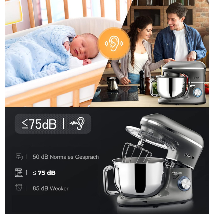 Кухонний комбайн Fentic - 2000 Вт - Чаша для змішування з нержавіючої сталі (6.2 л) - Тістомісильна машина з гачком для змішування, гачком для тіста, віночком і захистом від бризок - включаючи захисний чохол і додаткові аксесуари - Антрацит