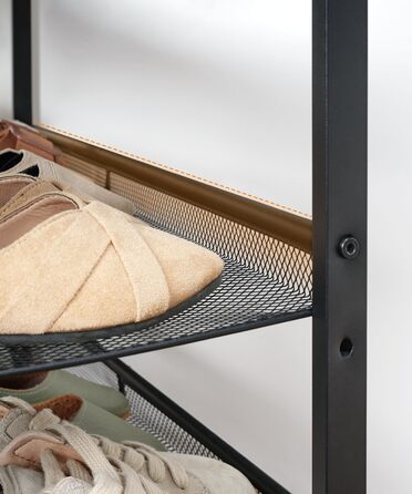 Взуттєва полиця HOOBRO, 4 полиці для взуття, шафа для взуття, регульована металева сітчаста полиця, містка верхня частина, для 12-15 пар взуття, вхід, коридор, індустріальний стиль, вінтажний коричнево-чорний EBF42XJ01 темно-коричневий чорний 75 x 30 x 69