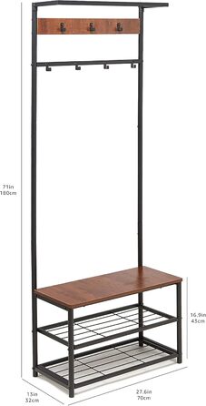 Шафа Storeo Basics на 7 гачків з лавкою для взуття та 3-ярусним місцем для зберігання, чорна, 70,1 x 33 x 180,3 см, сучасна простота, чорна конструкція KD